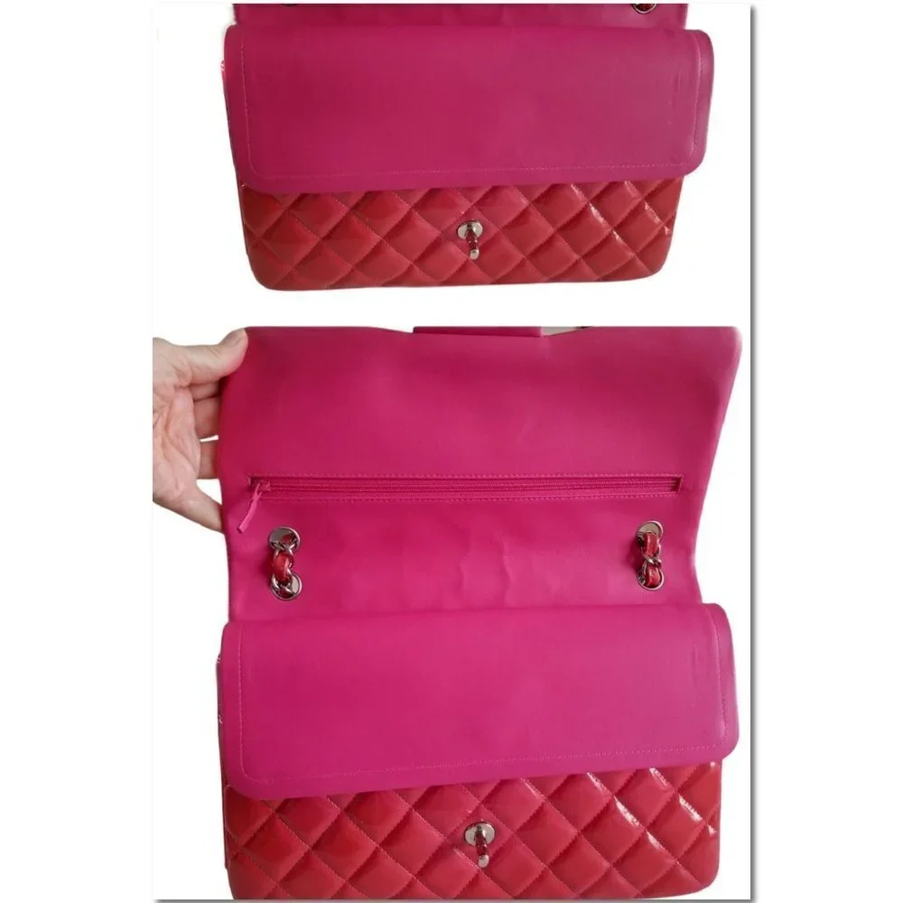 Authentic Chanel Red Patent Leather Jumbo Classic Double Flap Chain Shoulderbag